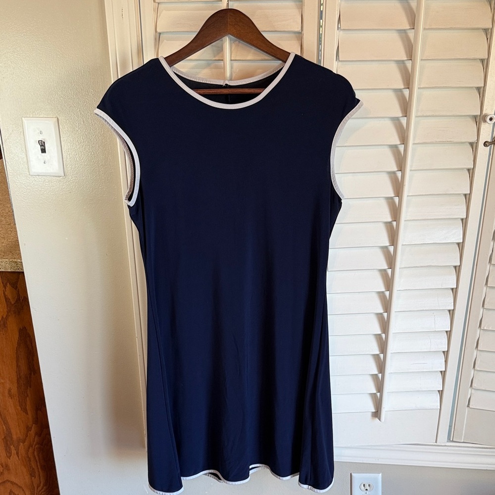Navy Blue Sleeveless Dress with White Trim